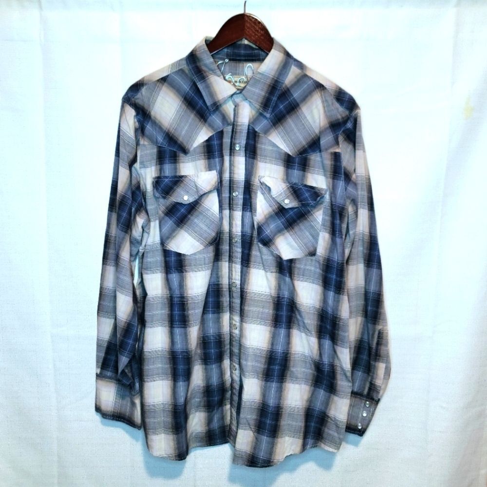 Bit & Bridle Blue Plaid Pearl Snap Button Down Long Sleeve Western Shirt Size XL